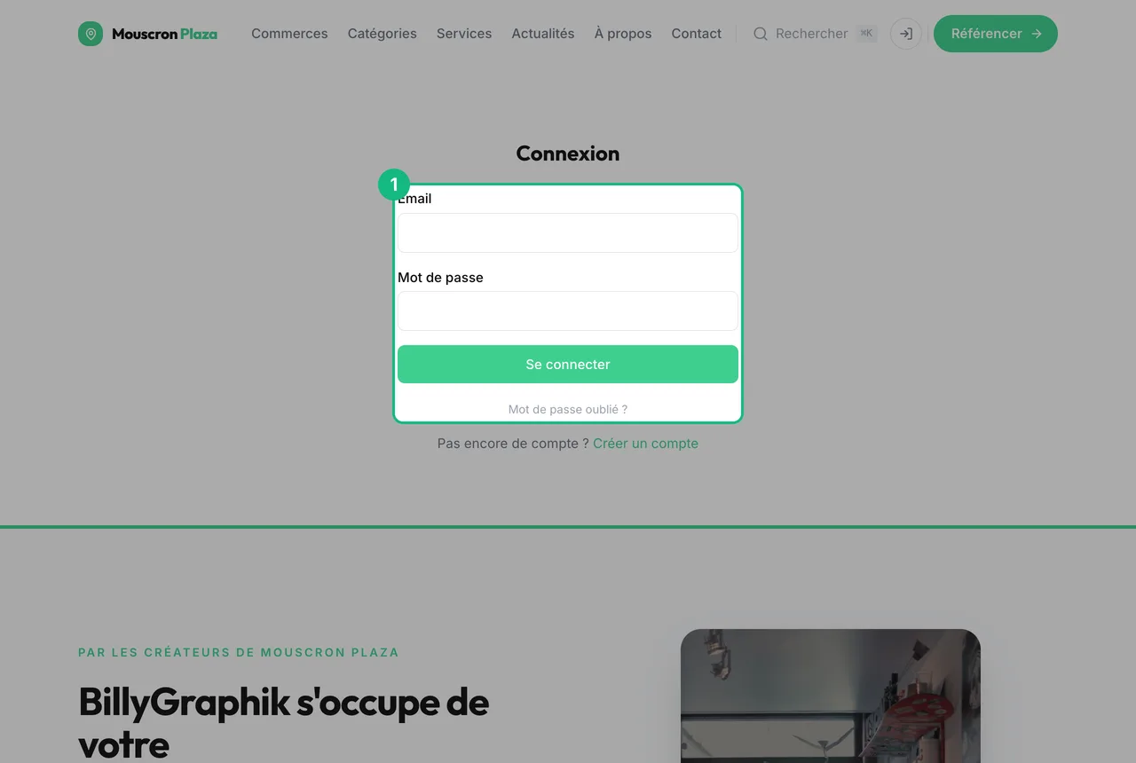 La page de connexion, avec les champs adresse email et mot de passe encadrés