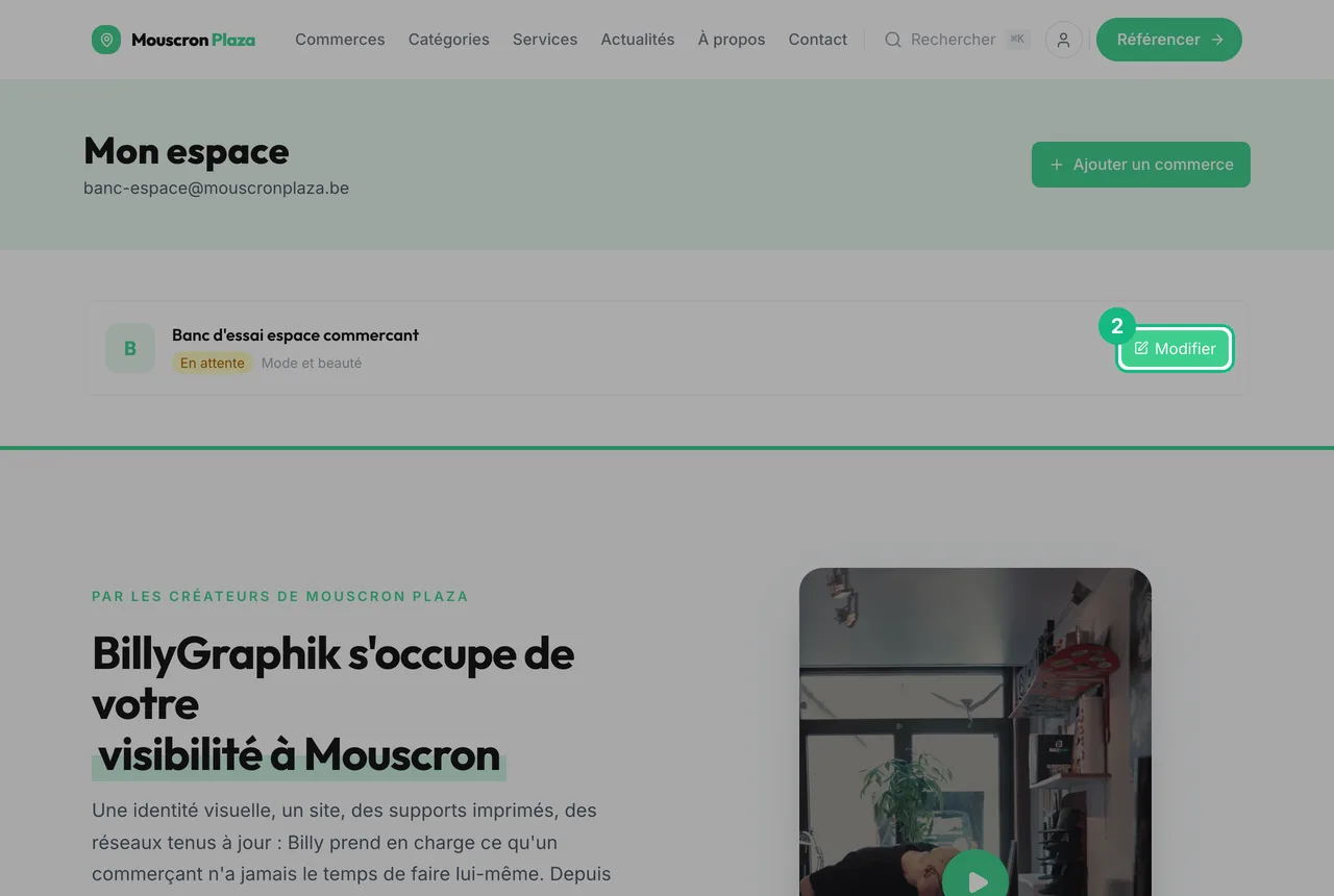 L'espace commerçant, avec le bouton Modifier encadré à droite du nom du commerce