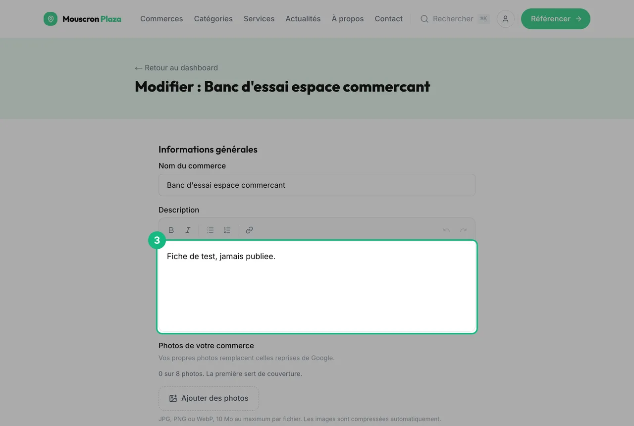 Le champ description du formulaire, encadré, avec sa barre de mise en forme