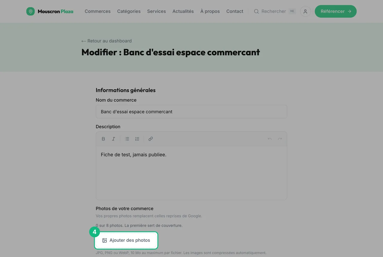 Le bouton Ajouter des photos, encadré, sous le compteur de photos